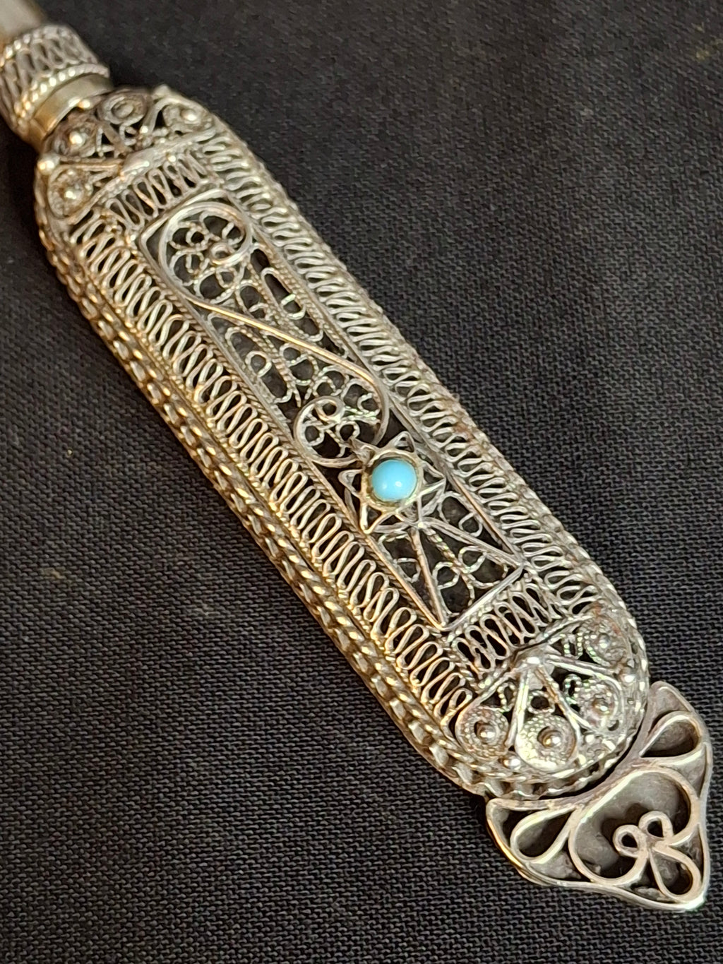 Authentic Antique Bezalel Jerusalem 935 Silver Filigree Turquoise Torah Pointer Yad