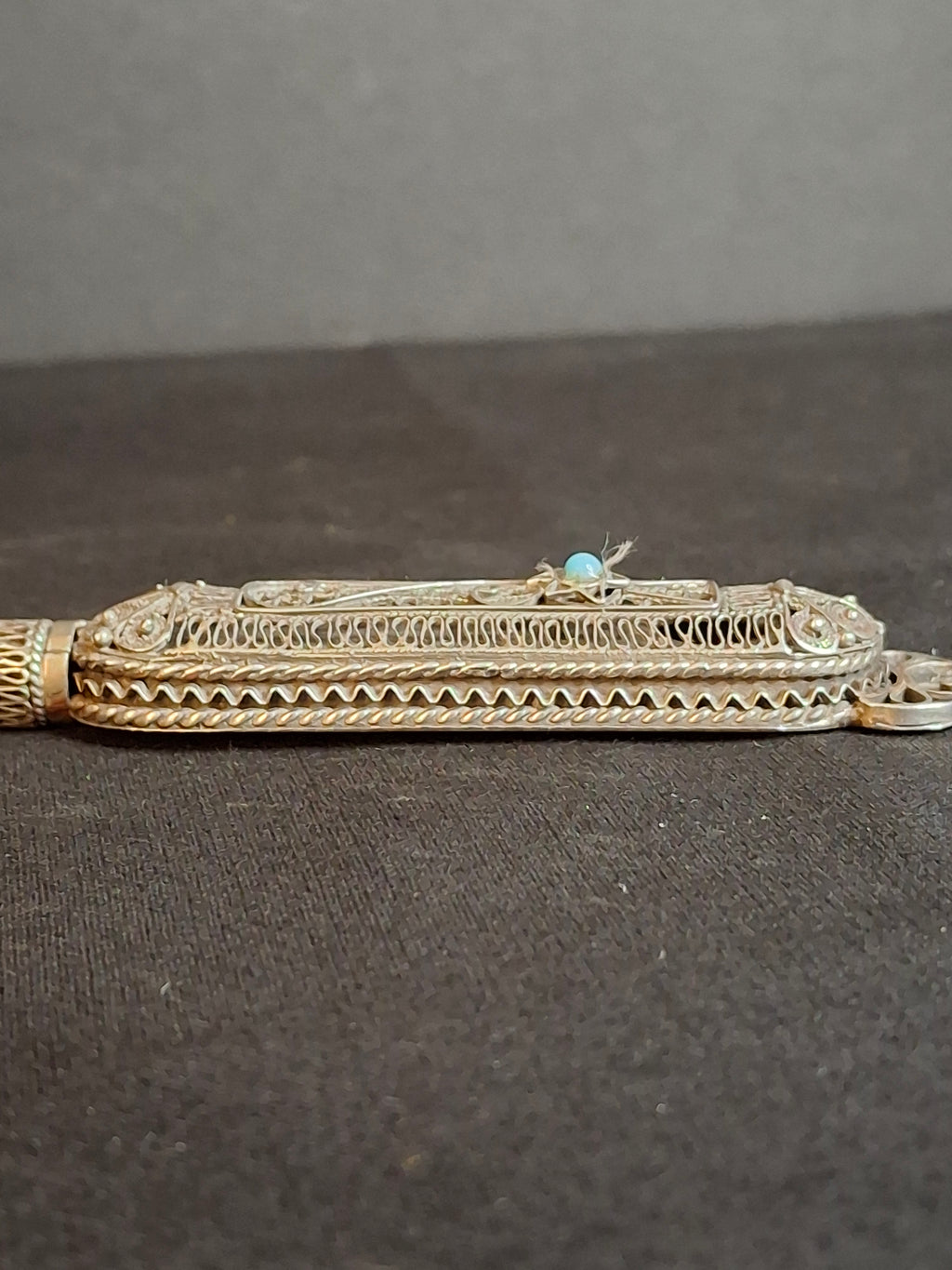 Authentic Antique Bezalel Jerusalem 935 Silver Filigree Turquoise Torah Pointer Yad