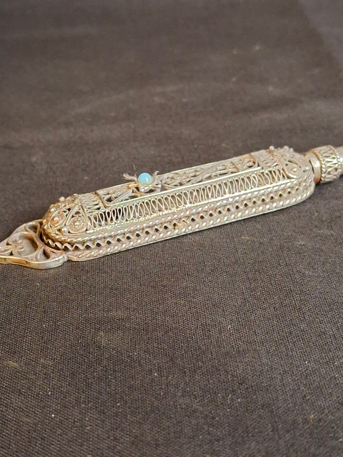 Authentic Antique Bezalel Jerusalem 935 Silver Filigree Turquoise Torah Pointer Yad