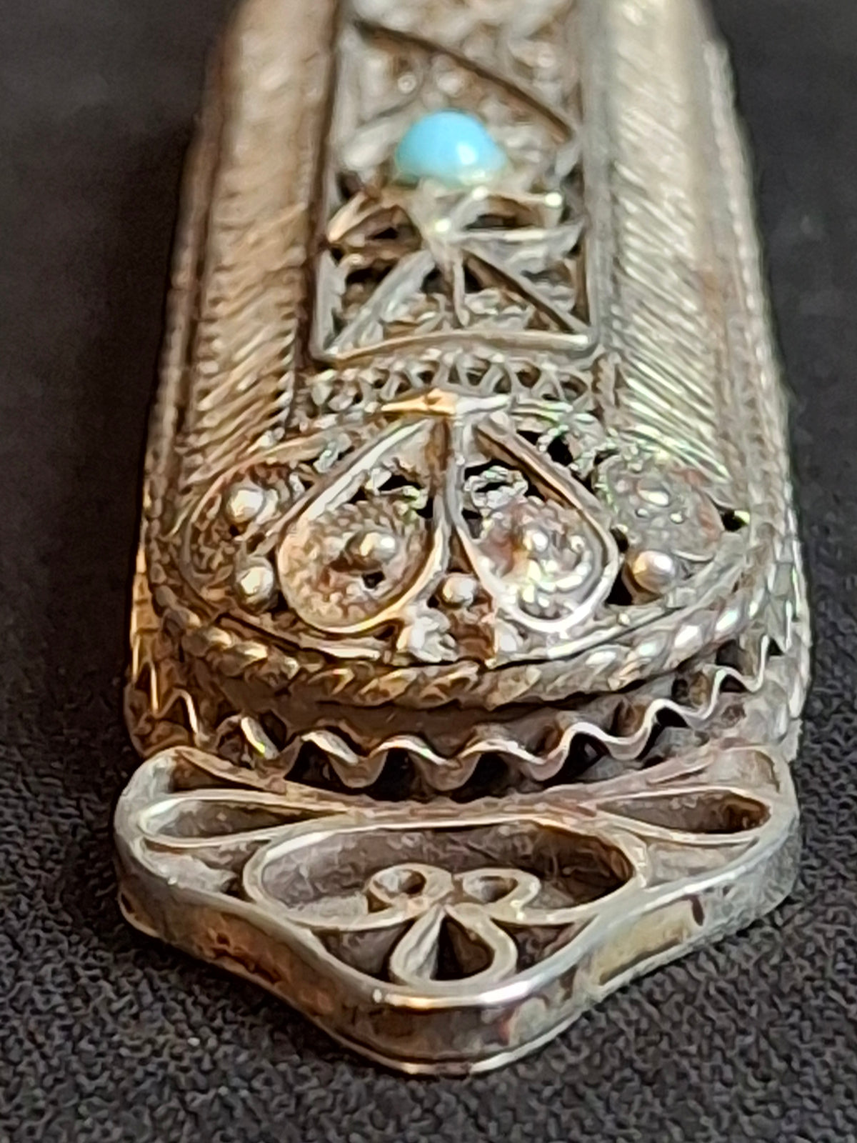 Authentic Antique Bezalel Jerusalem 935 Silver Filigree Turquoise Torah Pointer Yad
