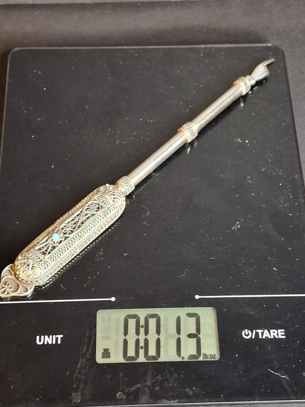 Authentic Antique Bezalel Jerusalem 935 Silver Filigree Turquoise Torah Pointer Yad