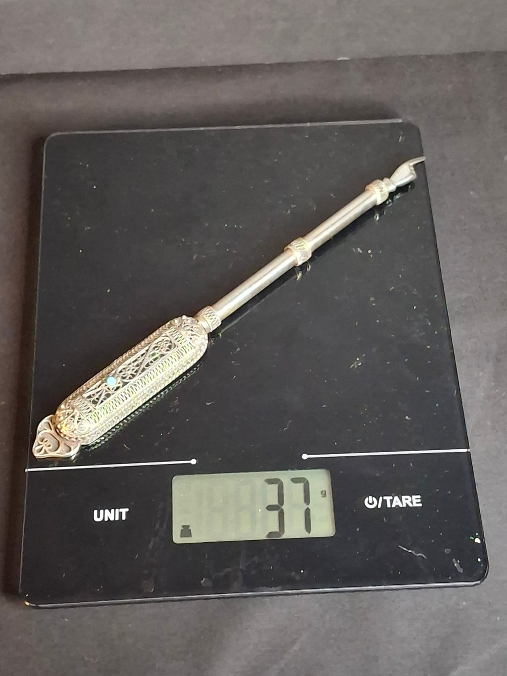Authentic Antique Bezalel Jerusalem 935 Silver Filigree Turquoise Torah Pointer Yad