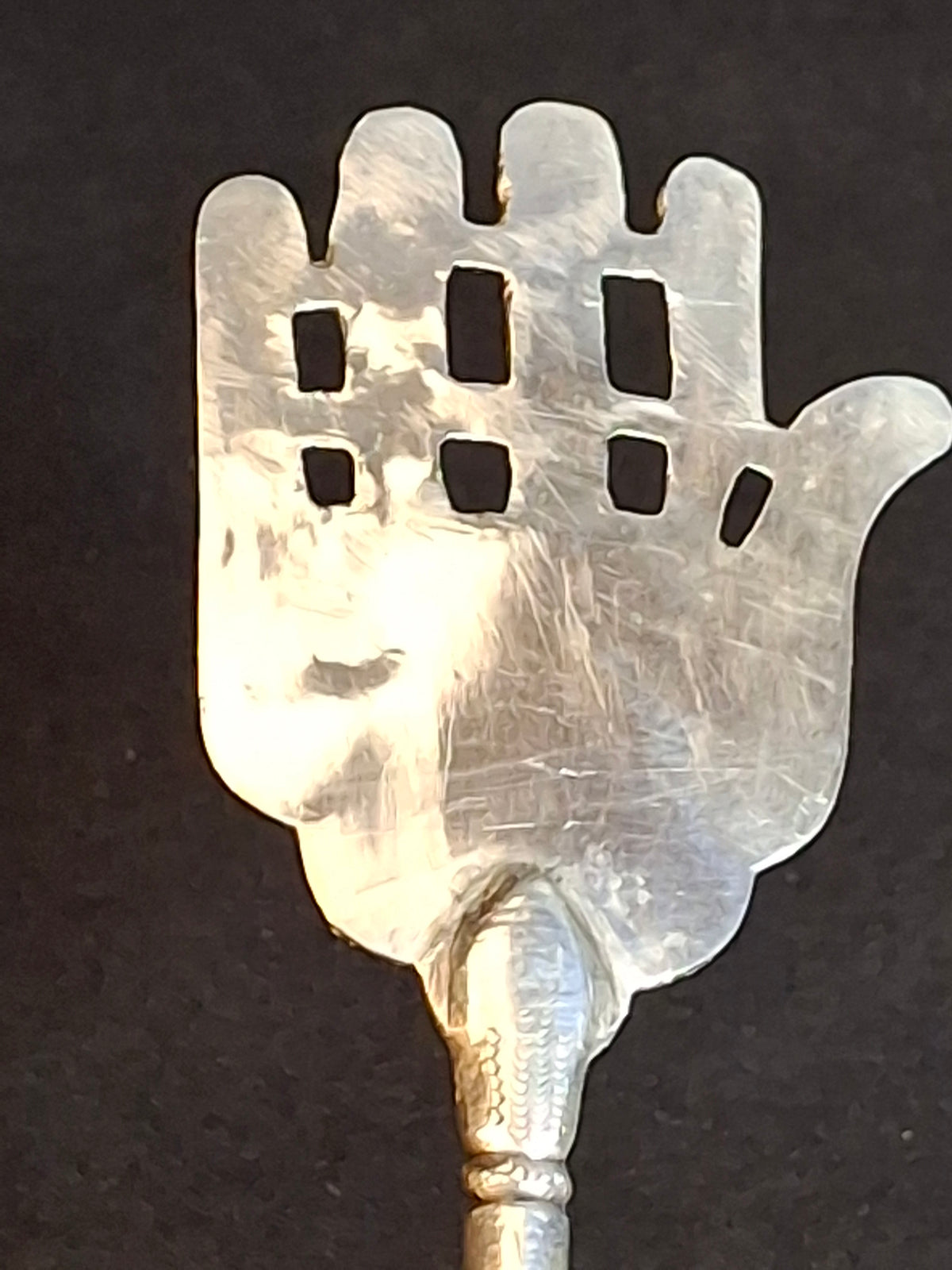 Rare Inscribed Silver Yad Torah Pointer Open Hamsa Hand Middle Eastern Judaica 9.25 In