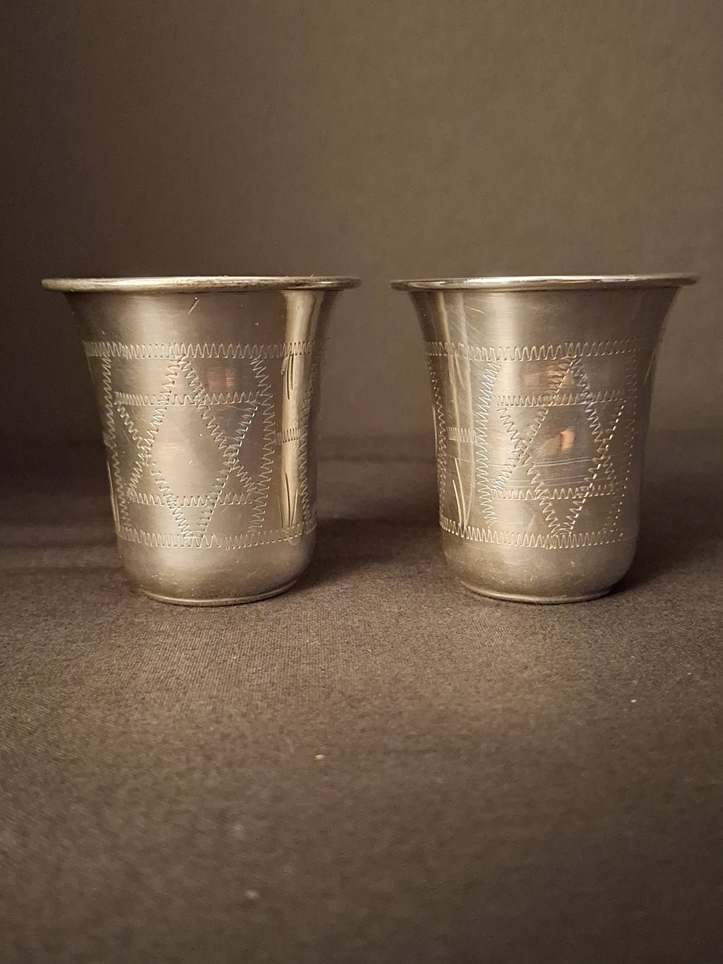 Pair Antique Russian Export 84 Sterling Silver Kiddush Cups Engraved Magen David Star Judaica 59g