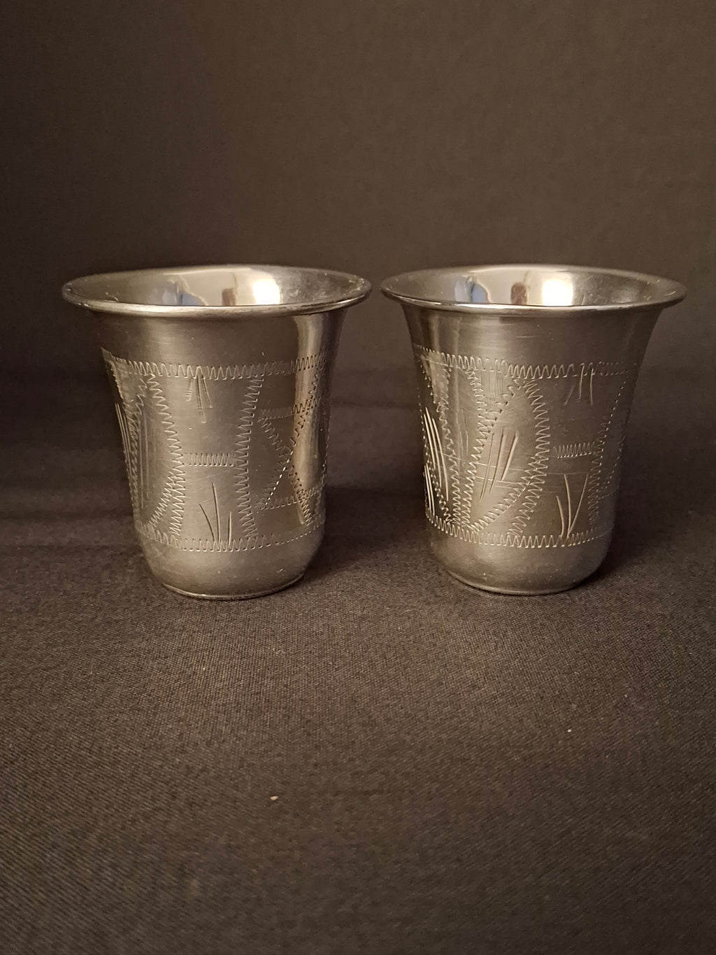 Pair Antique Russian Export 84 Sterling Silver Kiddush Cups Engraved Magen David Star Judaica 59g