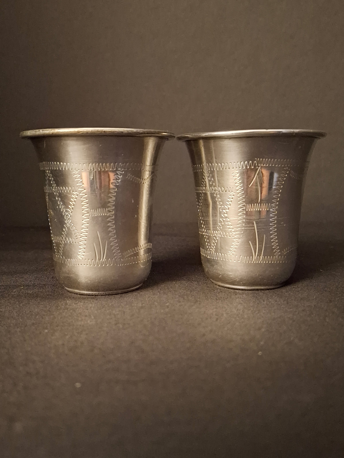 Pair Antique Russian Export 84 Sterling Silver Kiddush Cups Engraved Magen David Star Judaica 59g