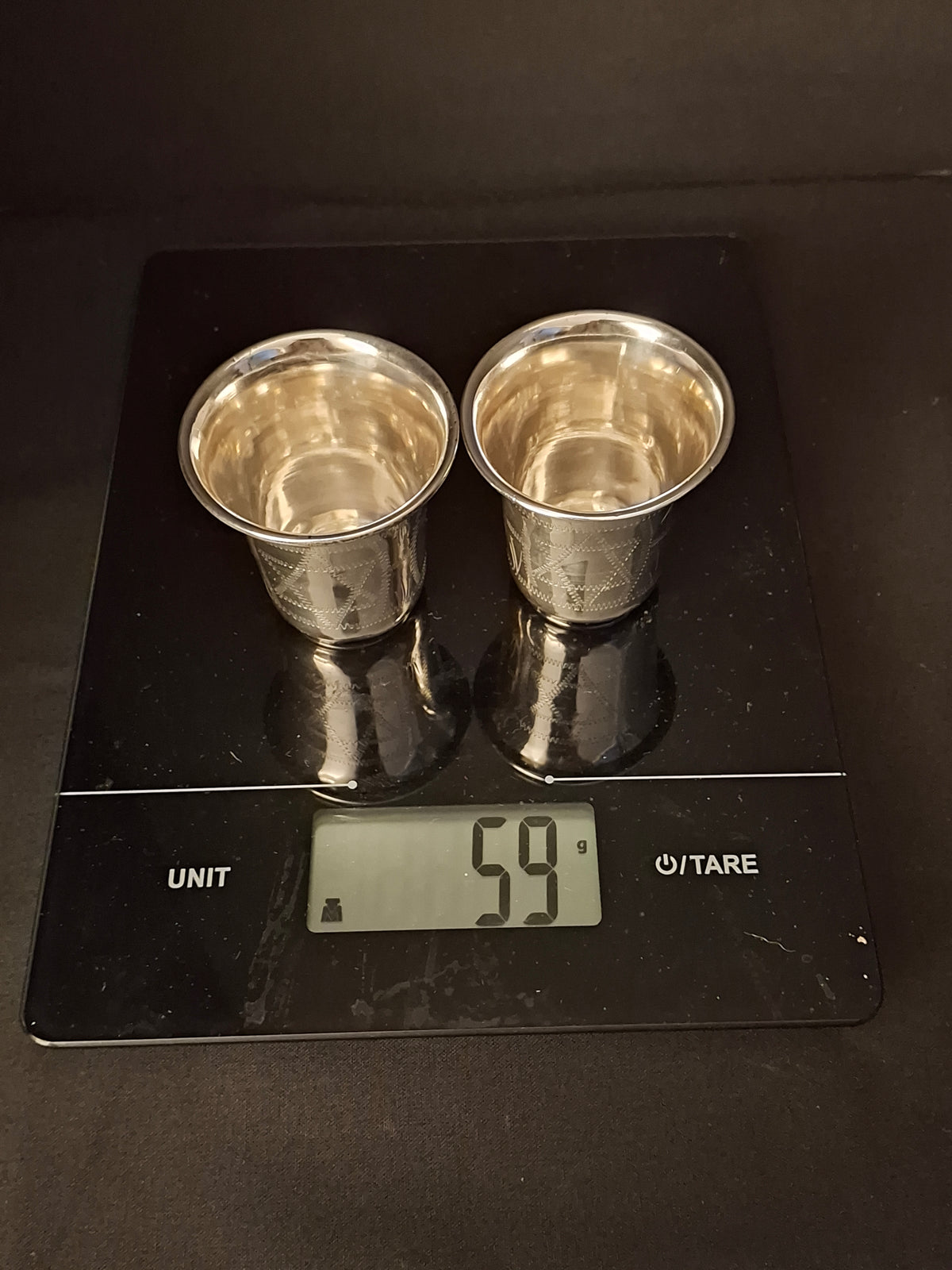 Pair Antique Russian Export 84 Sterling Silver Kiddush Cups Engraved Magen David Star Judaica 59g