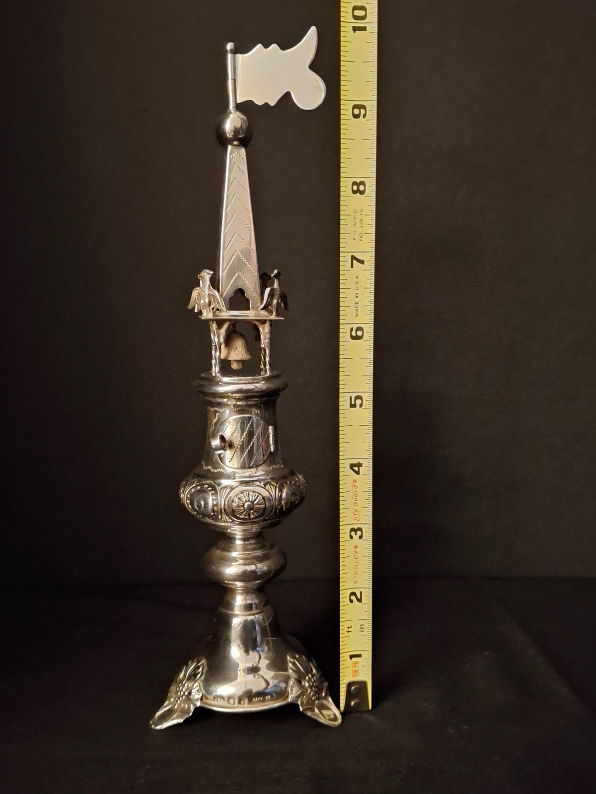 Vintage Israeli .835 Solid Silver Besamim Spice Tower 10" Havdalah Bell 149g