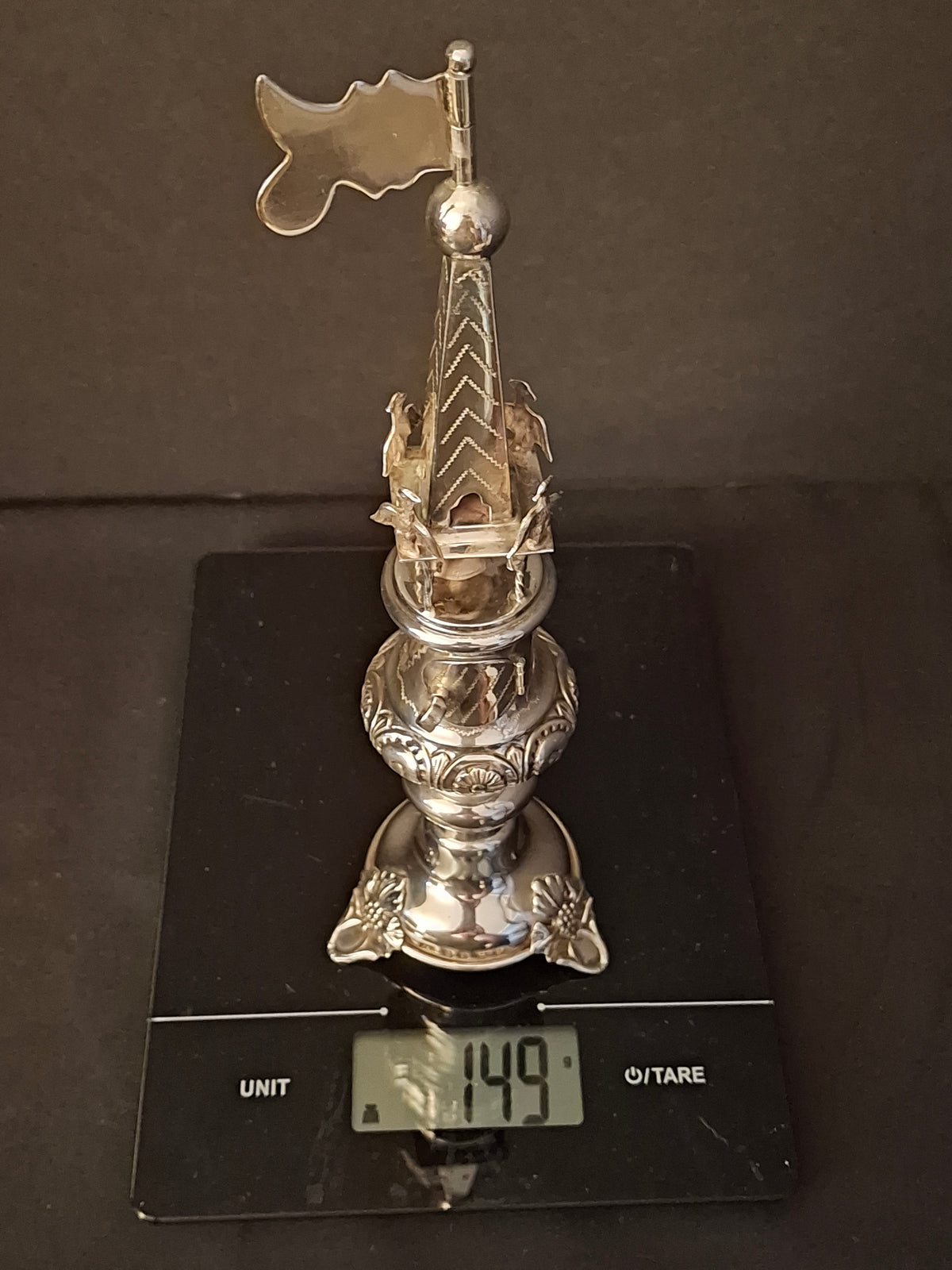 Vintage Israeli .835 Solid Silver Besamim Spice Tower 10" Havdalah Bell 149g