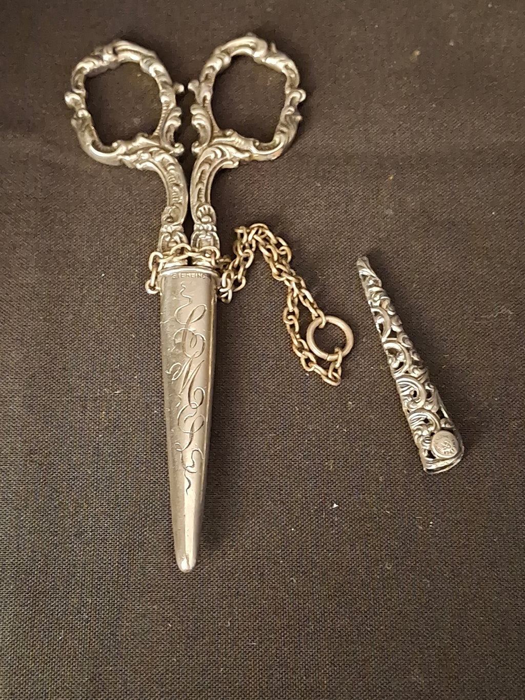 Antique Sterling Silver Chatelaine Scissor with Sterling 925 Sheath & Case Vom Cleff & Co German Scissors