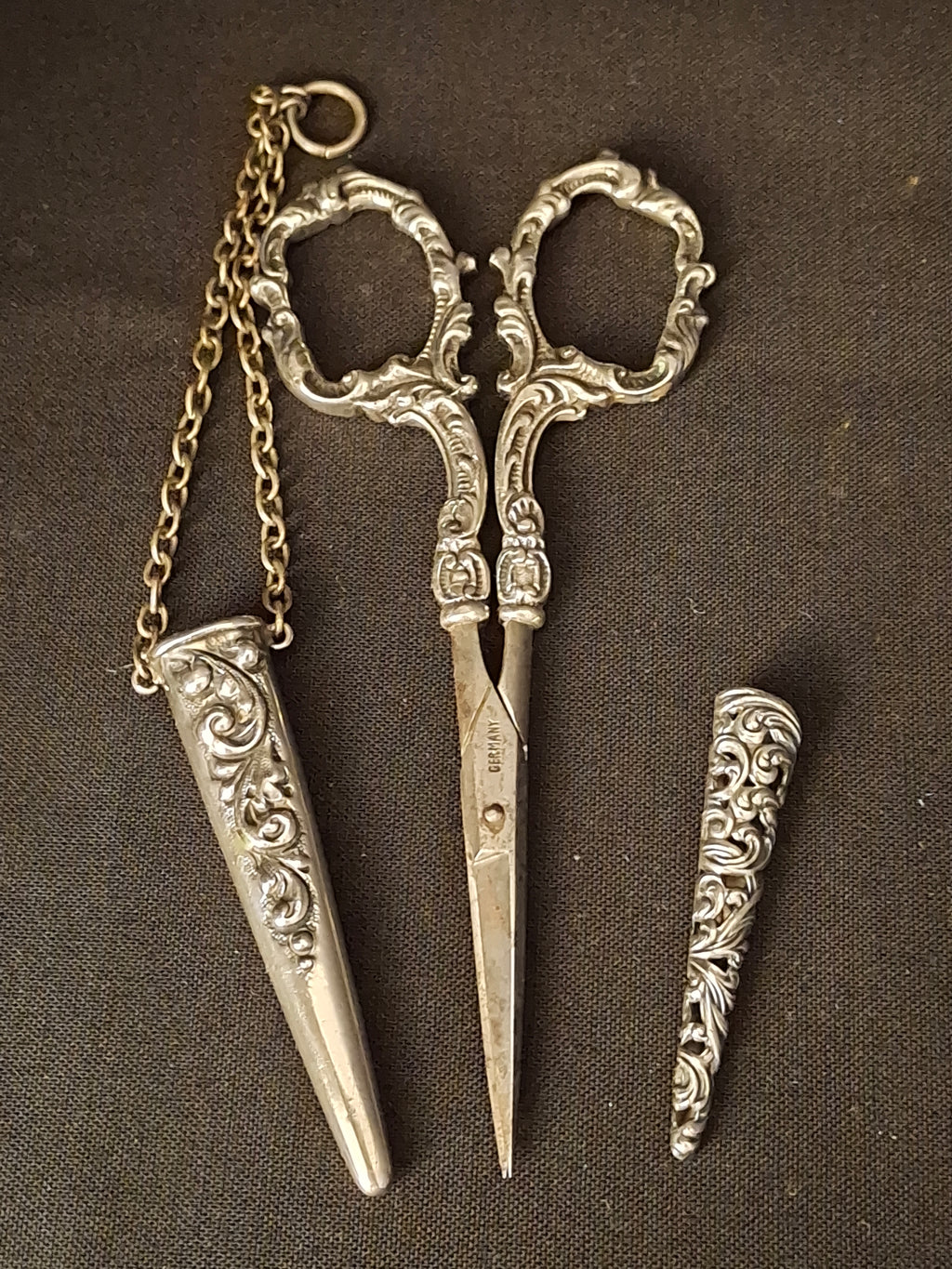 Antique Sterling Silver Chatelaine Scissor with Sterling 925 Sheath & Case Vom Cleff & Co German Scissors