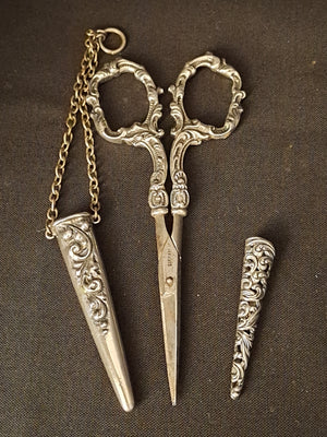 Antique Sterling Silver Chatelaine Scissor with Sterling 925 Sheath & Case Vom Cleff & Co German Scissors