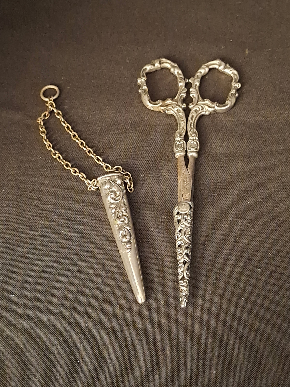 Antique Sterling Silver Chatelaine Scissor with Sterling 925 Sheath & Case Vom Cleff & Co German Scissors