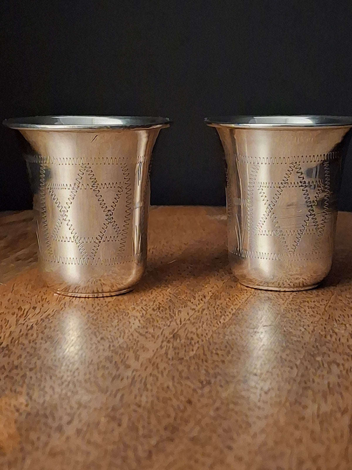 Pair Antique Russian Export 84 Sterling Silver Kiddush Cups Engraved Magen David Star Judaica 59g