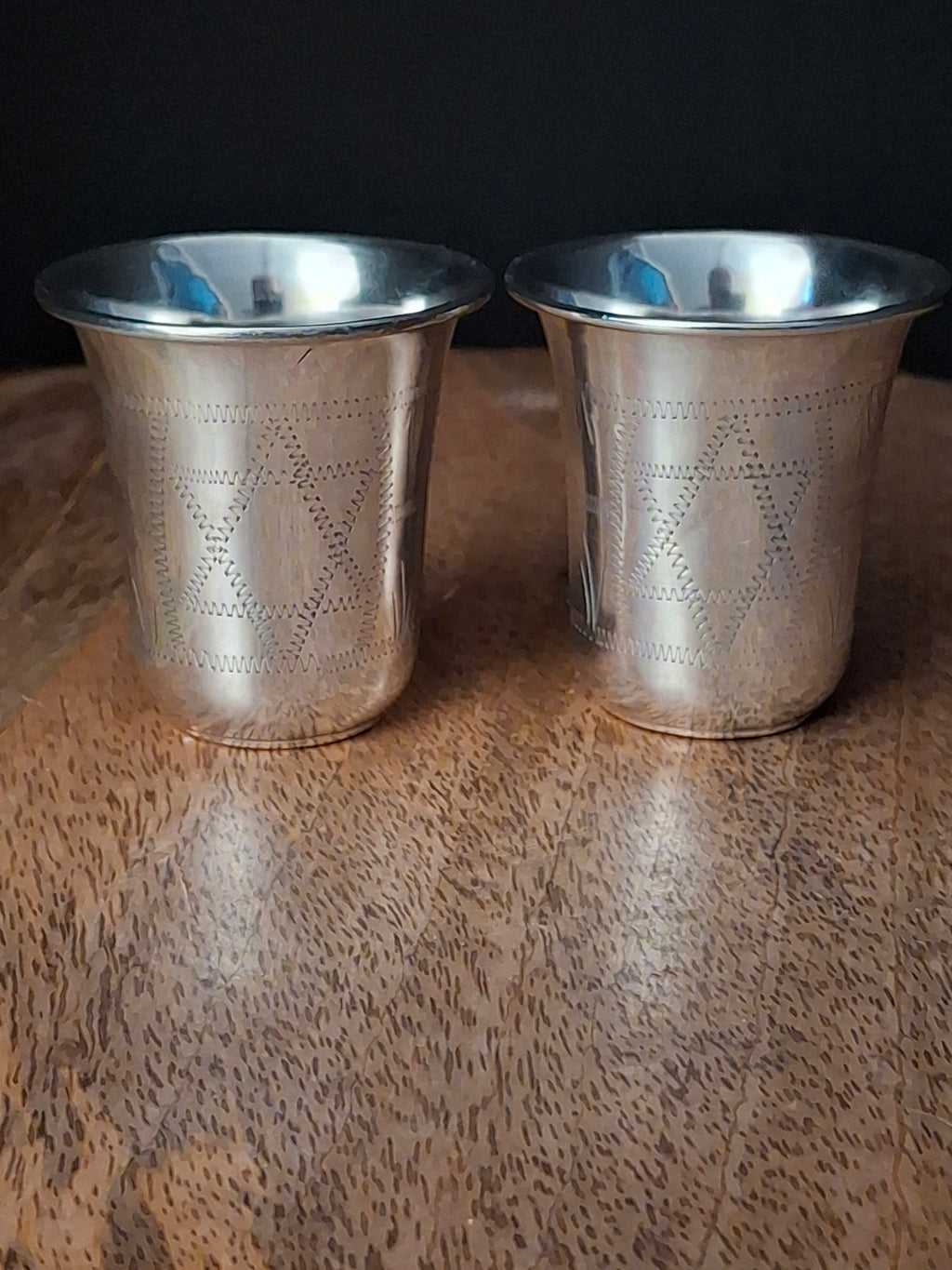 Pair Antique Russian Export 84 Sterling Silver Kiddush Cups Engraved Magen David Star Judaica 59g