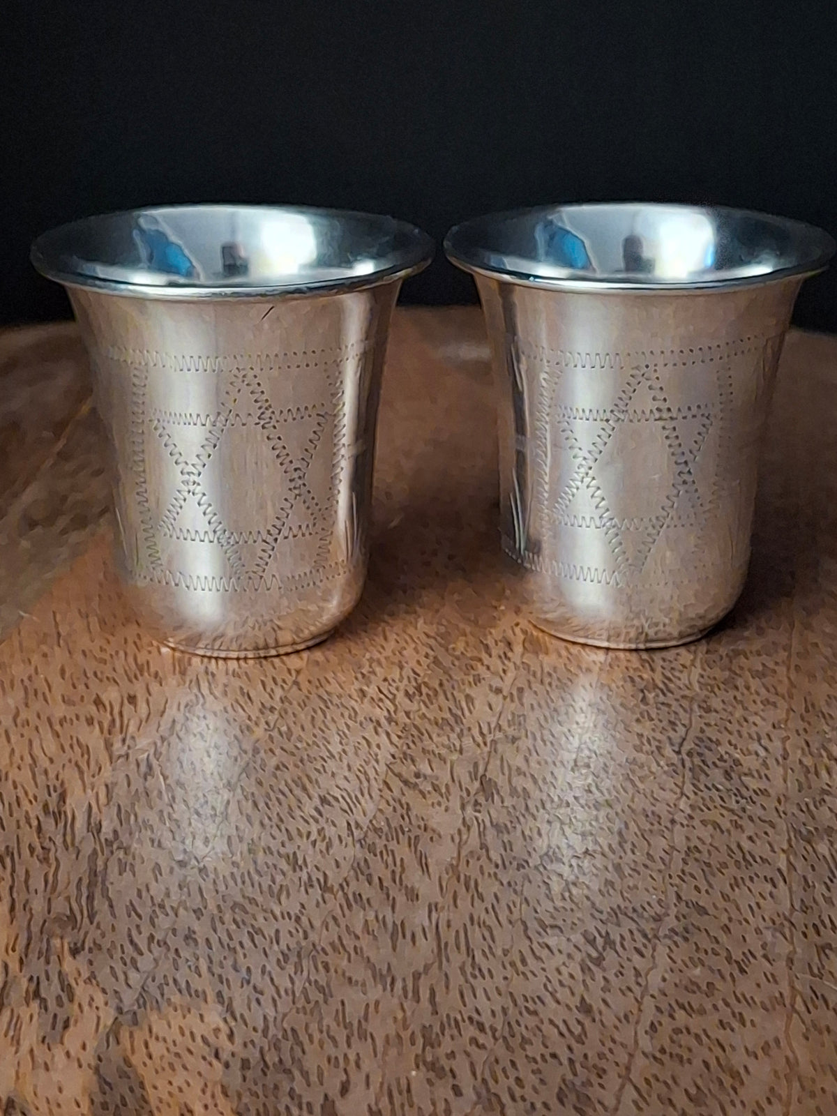 Pair Antique Russian Export 84 Sterling Silver Kiddush Cups Engraved Magen David Star Judaica 59g