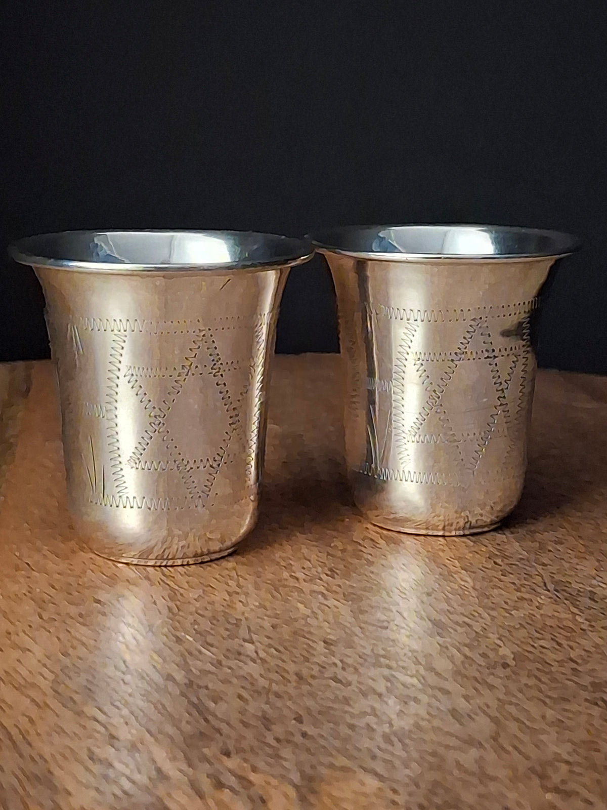 Pair Antique Russian Export 84 Sterling Silver Kiddush Cups Engraved Magen David Star Judaica 59g