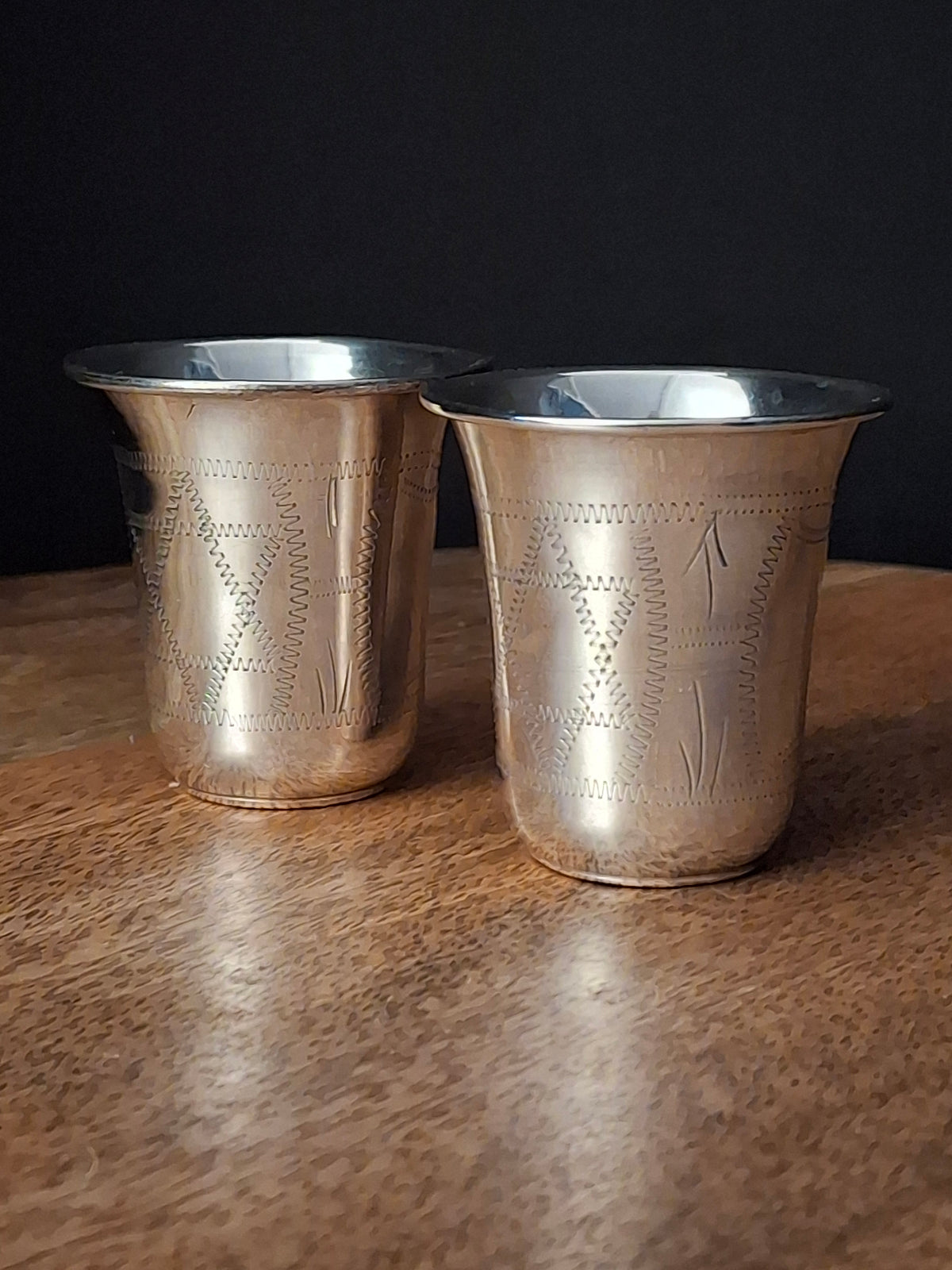 Pair Antique Russian Export 84 Sterling Silver Kiddush Cups Engraved Magen David Star Judaica 59g