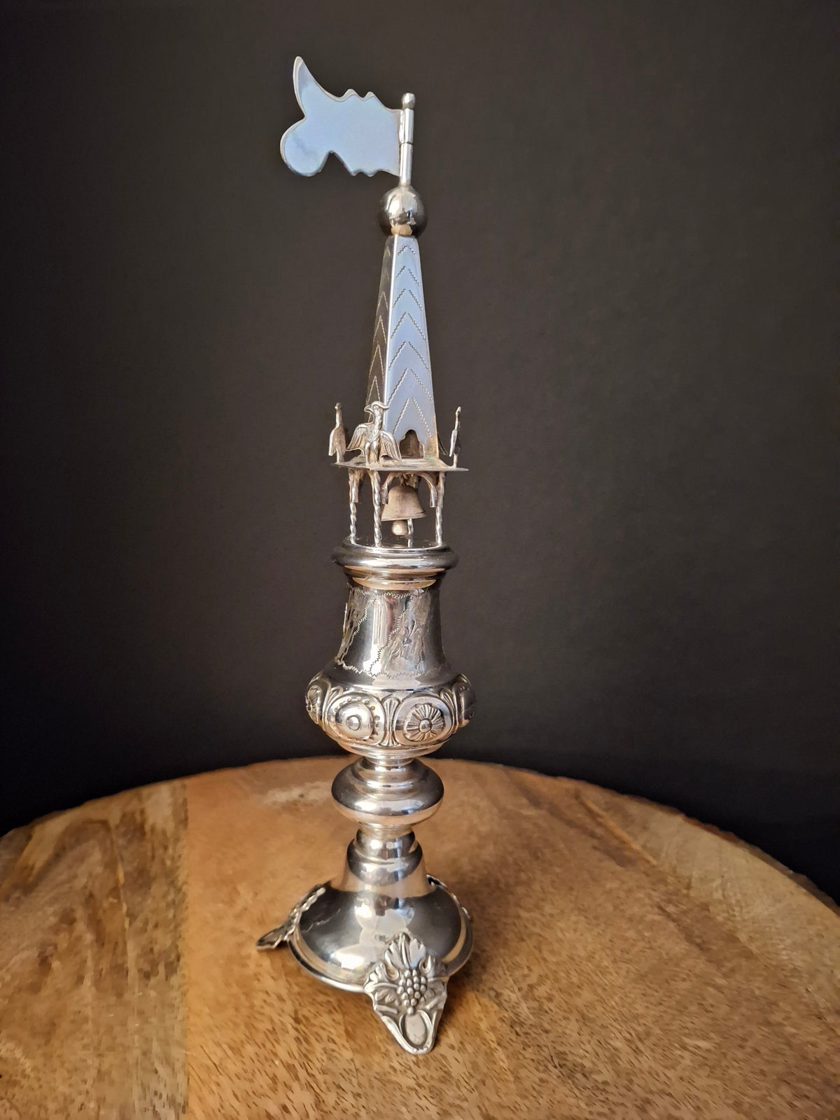 Vintage Israeli .835 Solid Silver Besamim Spice Tower 10" Havdalah Bell 149g