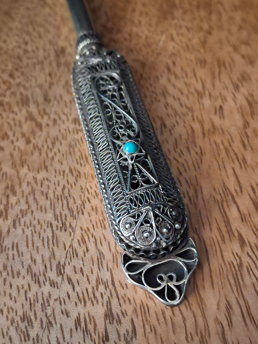 Authentic Antique Bezalel Jerusalem 935 Silver Filigree Turquoise Torah Pointer Yad