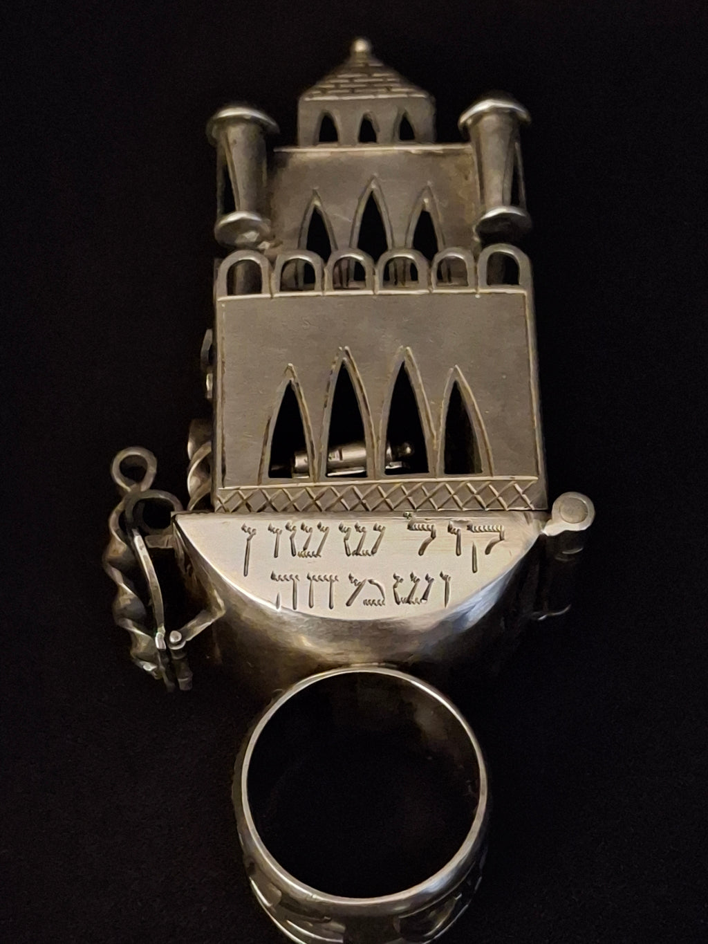 19th Century Antique Silver European Jewish Wedding Ring Architectural Synagogue Bimah Torah Mazel Tov