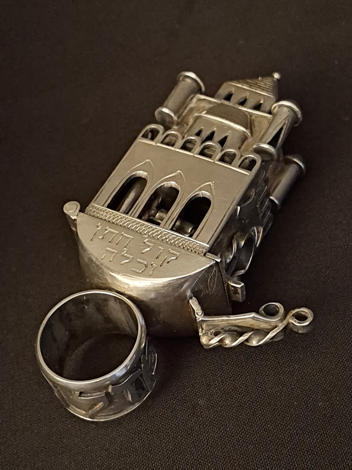 19th Century Antique Silver European Jewish Wedding Ring Architectural Synagogue Bimah Torah Mazel Tov