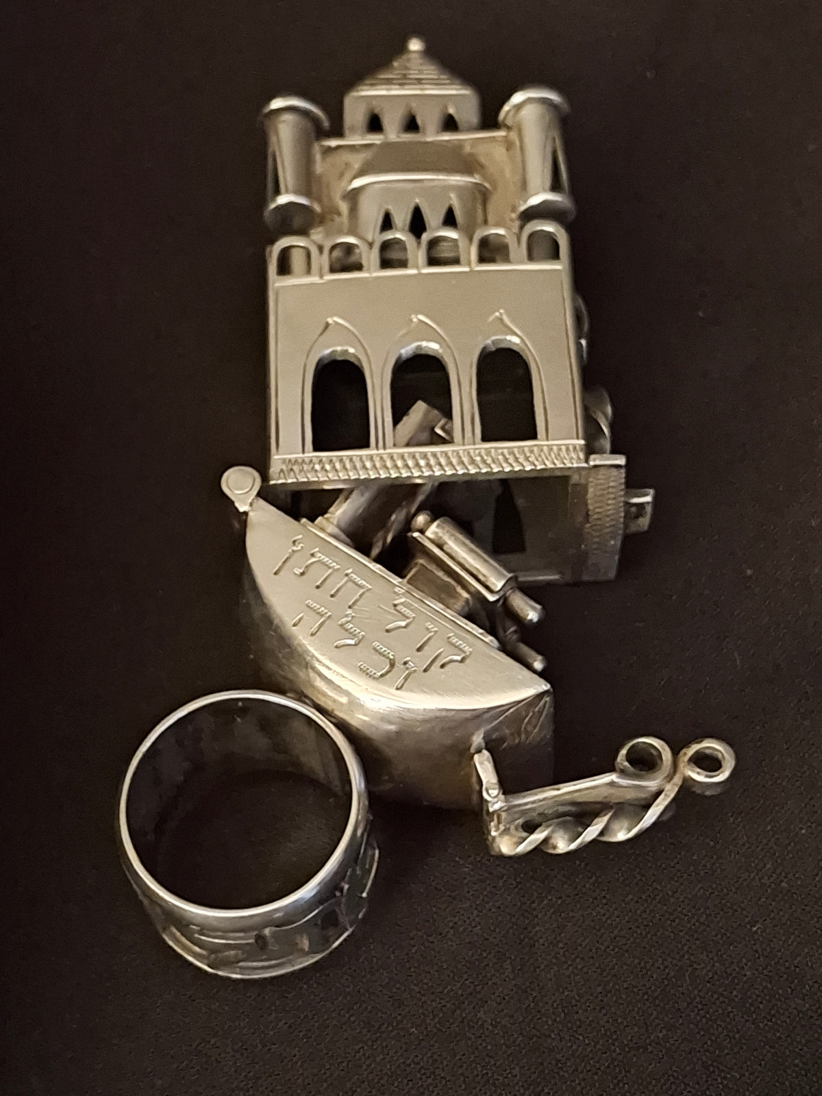 19th Century Antique Silver European Jewish Wedding Ring Architectural Synagogue Bimah Torah Mazel Tov