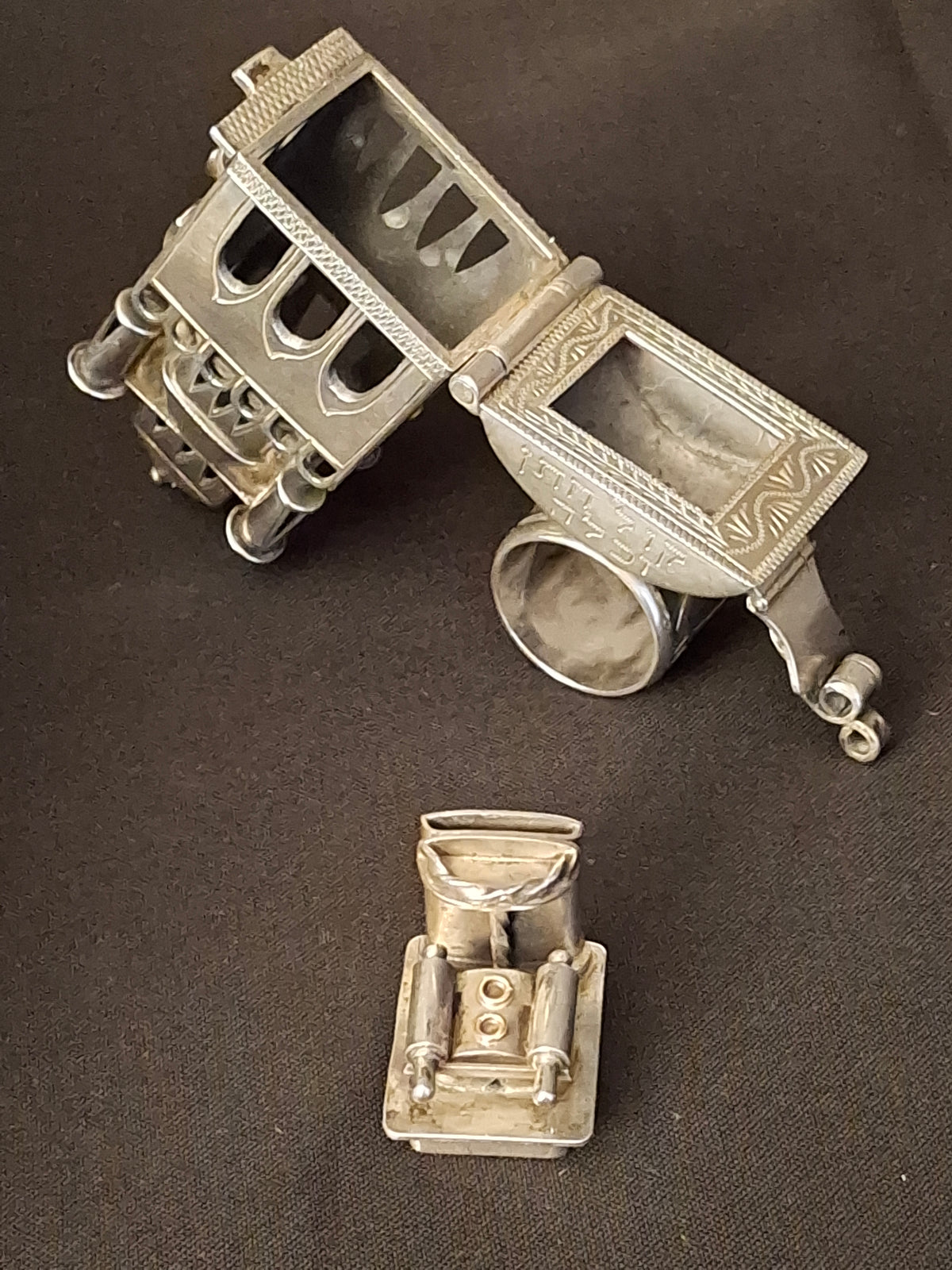 19th Century Antique Silver European Jewish Wedding Ring Architectural Synagogue Bimah Torah Mazel Tov