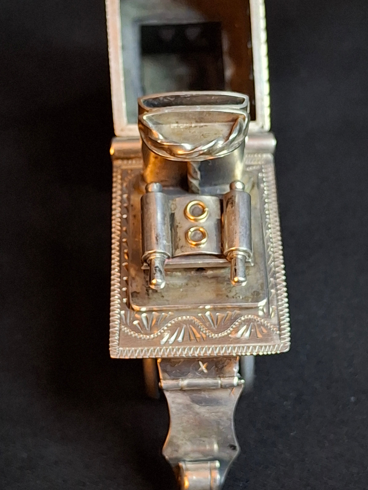 19th Century Antique Silver European Jewish Wedding Ring Architectural Synagogue Bimah Torah Mazel Tov