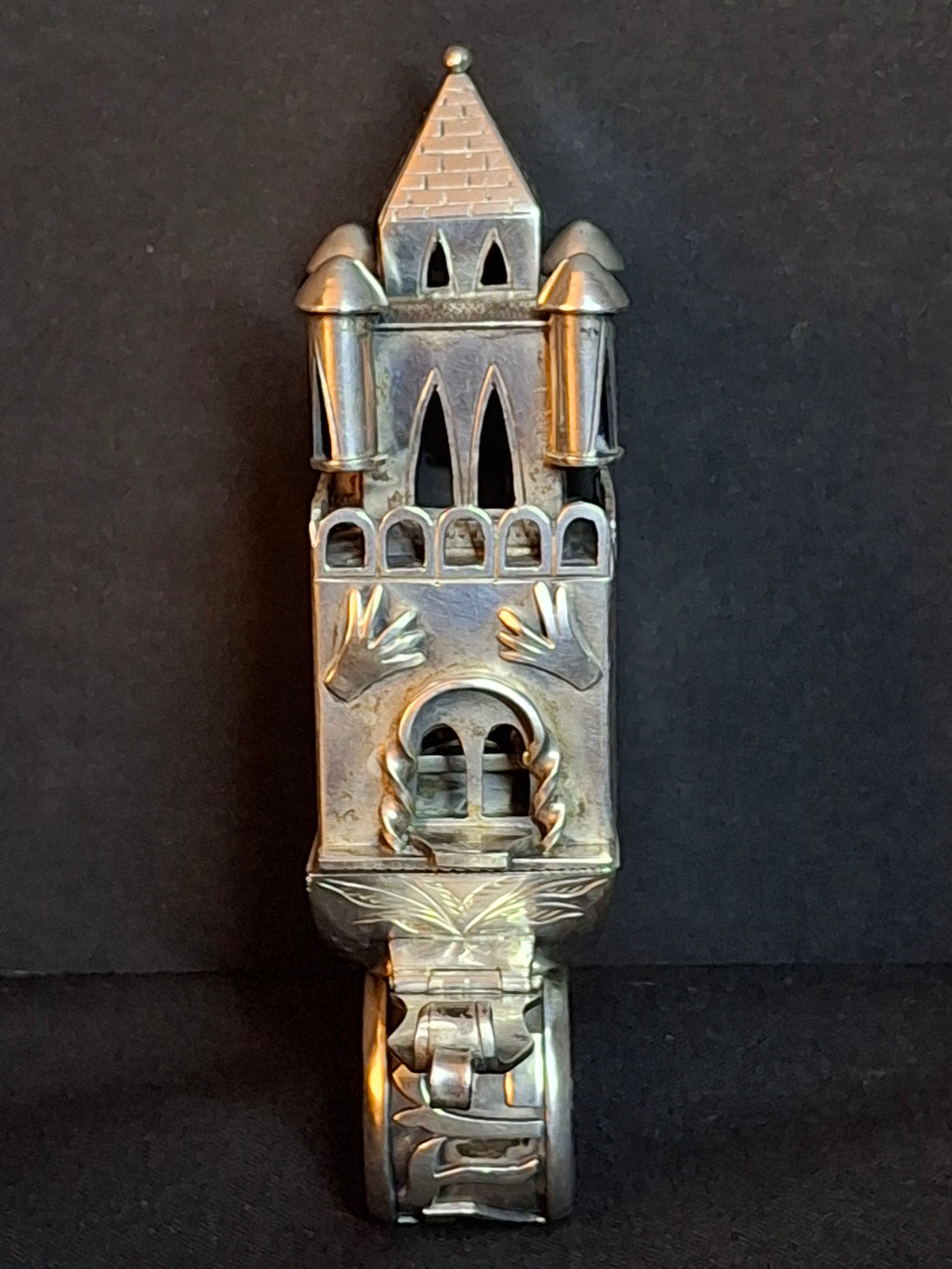 19th Century Antique Silver European Jewish Wedding Ring Architectural Synagogue Bimah Torah Mazel Tov