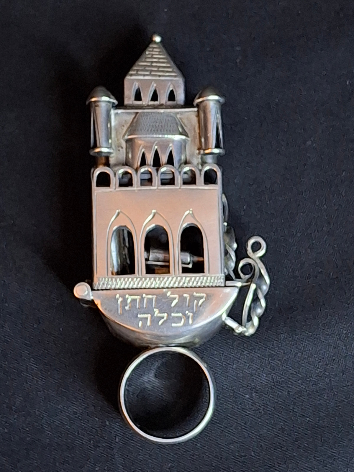 19th Century Antique Silver European Jewish Wedding Ring Architectural Synagogue Bimah Torah Mazel Tov