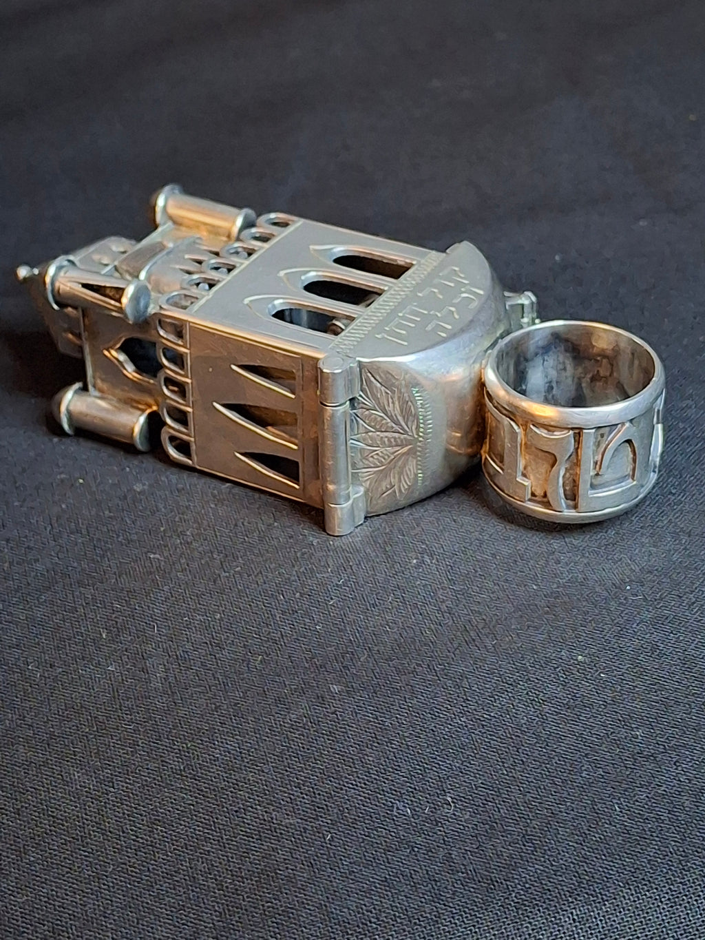 19th Century Antique Silver European Jewish Wedding Ring Architectural Synagogue Bimah Torah Mazel Tov