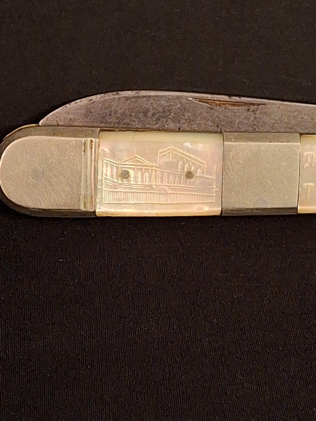 Rare Antique Mother of Pearl Folding Shabbat Challah Knife Karlsbad Judaica Jerusalem Temple Engraved