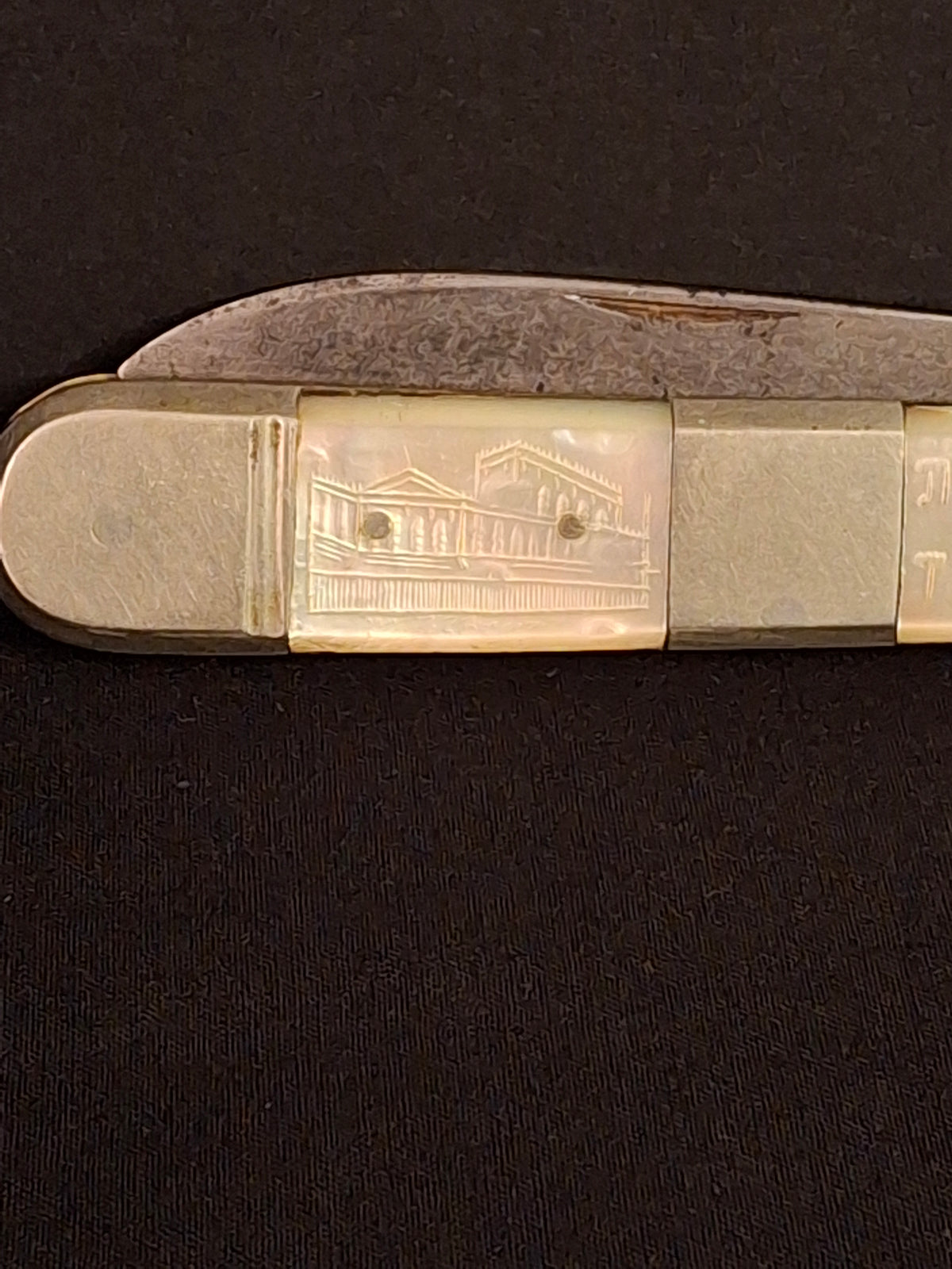 Rare Antique Mother of Pearl Folding Shabbat Challah Knife Karlsbad Judaica Jerusalem Temple Engraved