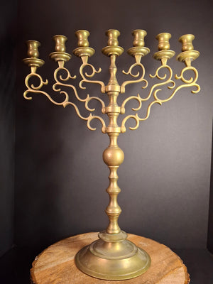 Monumental Antique 19th Century Eastern European Brass 7-Branch Temple Menorah 21.5"