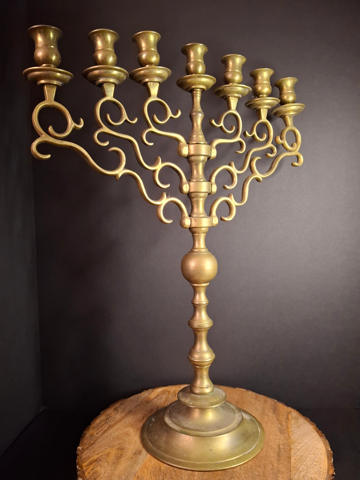 Monumental Antique 19th Century Eastern European Brass 7-Branch Temple Menorah 21.5"