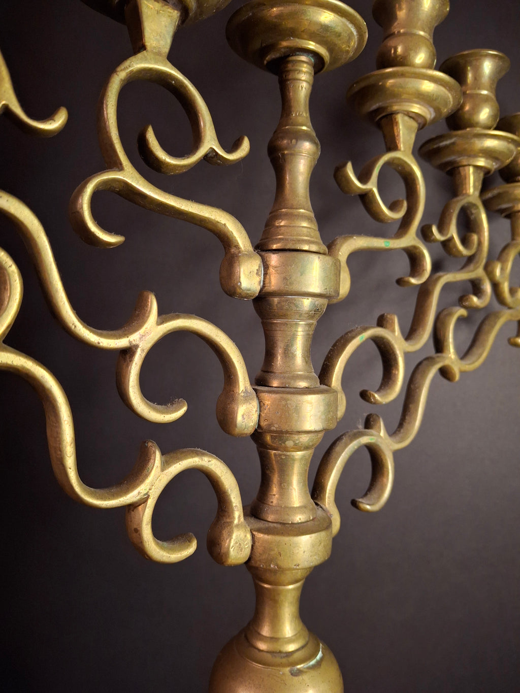 Monumental Antique 19th Century Eastern European Brass 7-Branch Temple Menorah 21.5"