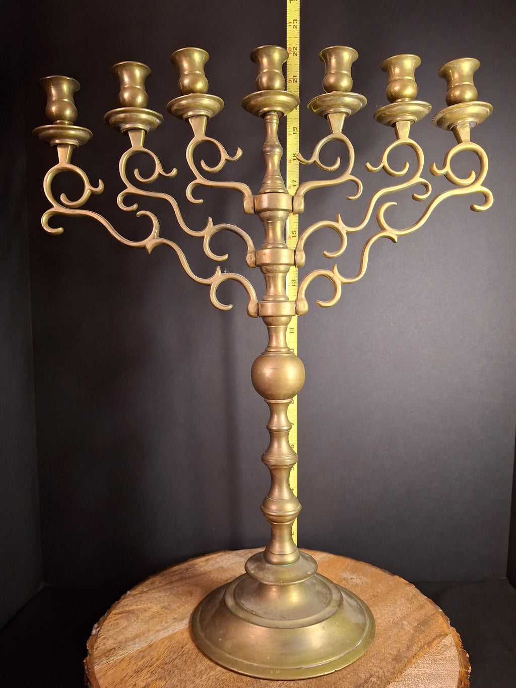 Monumental Antique 19th Century Eastern European Brass 7-Branch Temple Menorah 21.5"