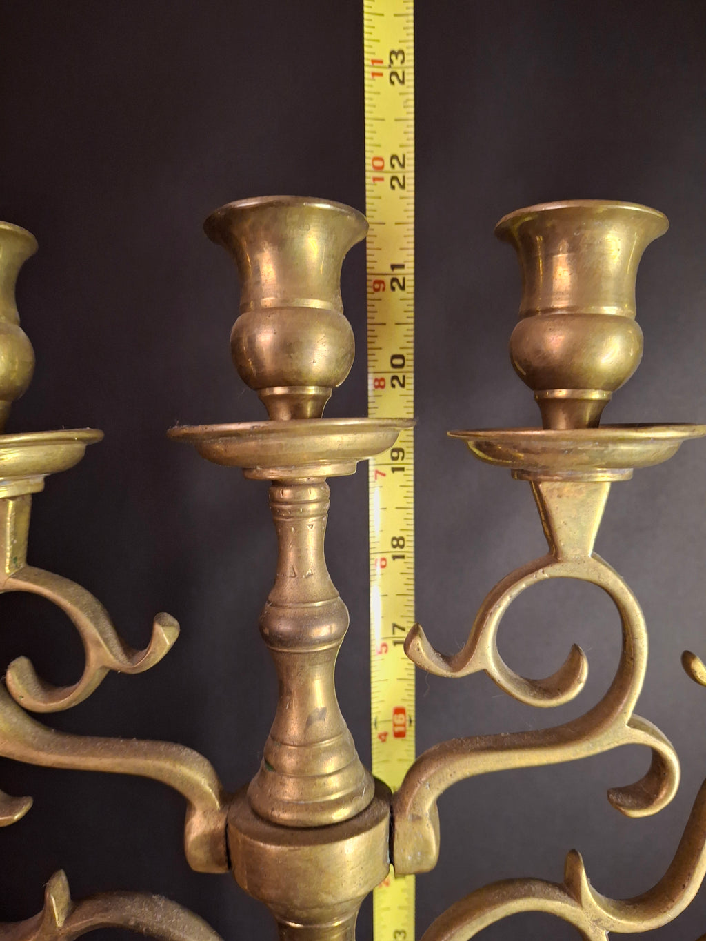 Monumental Antique 19th Century Eastern European Brass 7-Branch Temple Menorah 21.5"