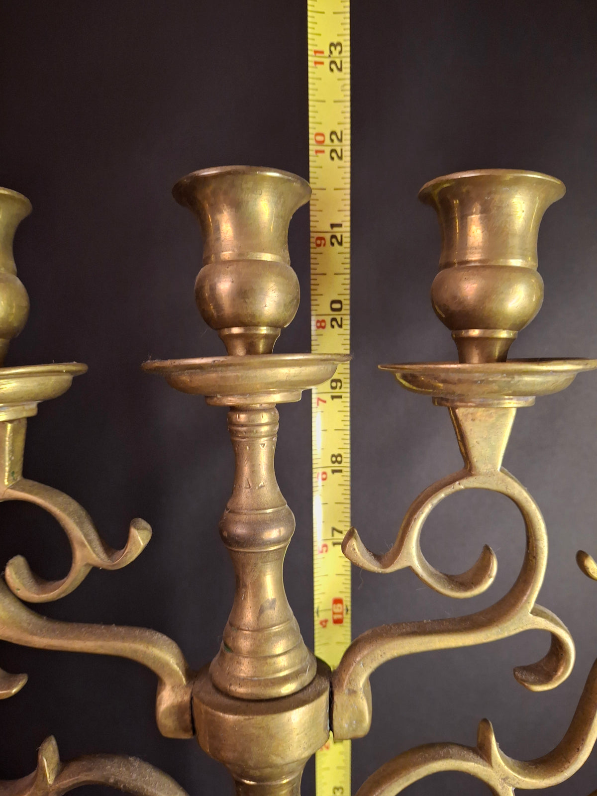Monumental Antique 19th Century Eastern European Brass 7-Branch Temple Menorah 21.5"
