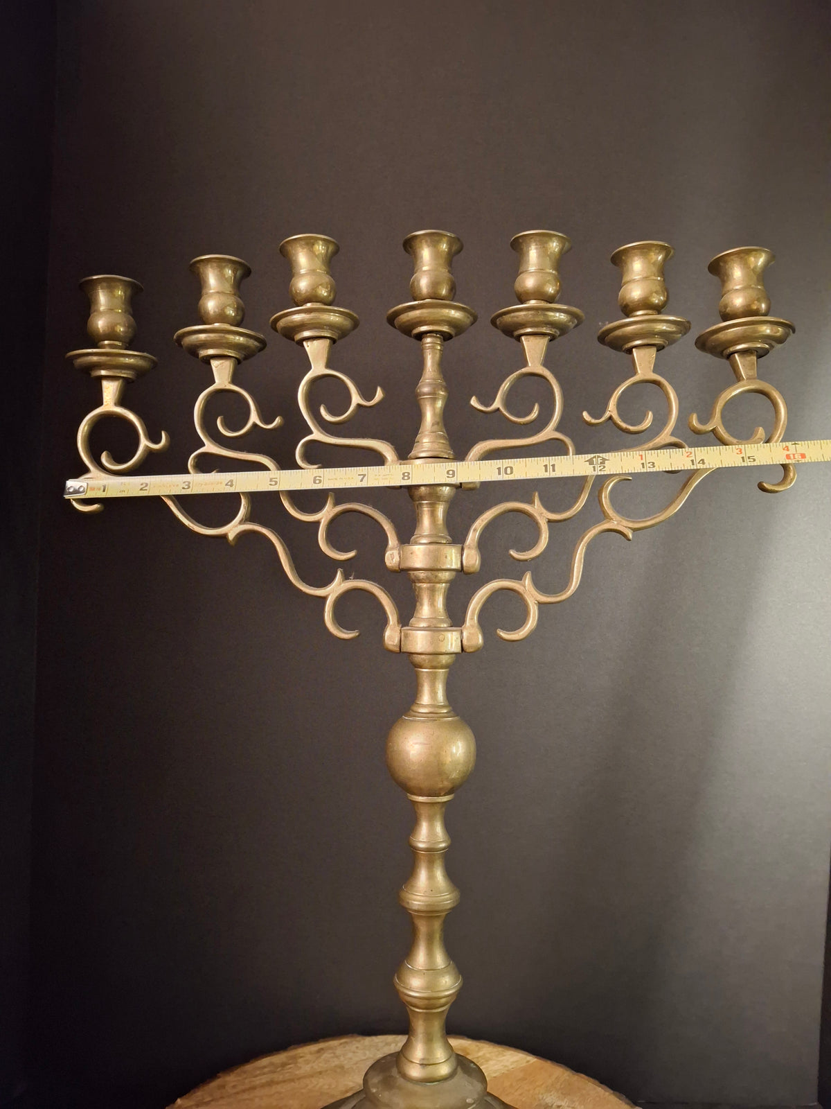 Monumental Antique 19th Century Eastern European Brass 7-Branch Temple Menorah 21.5"