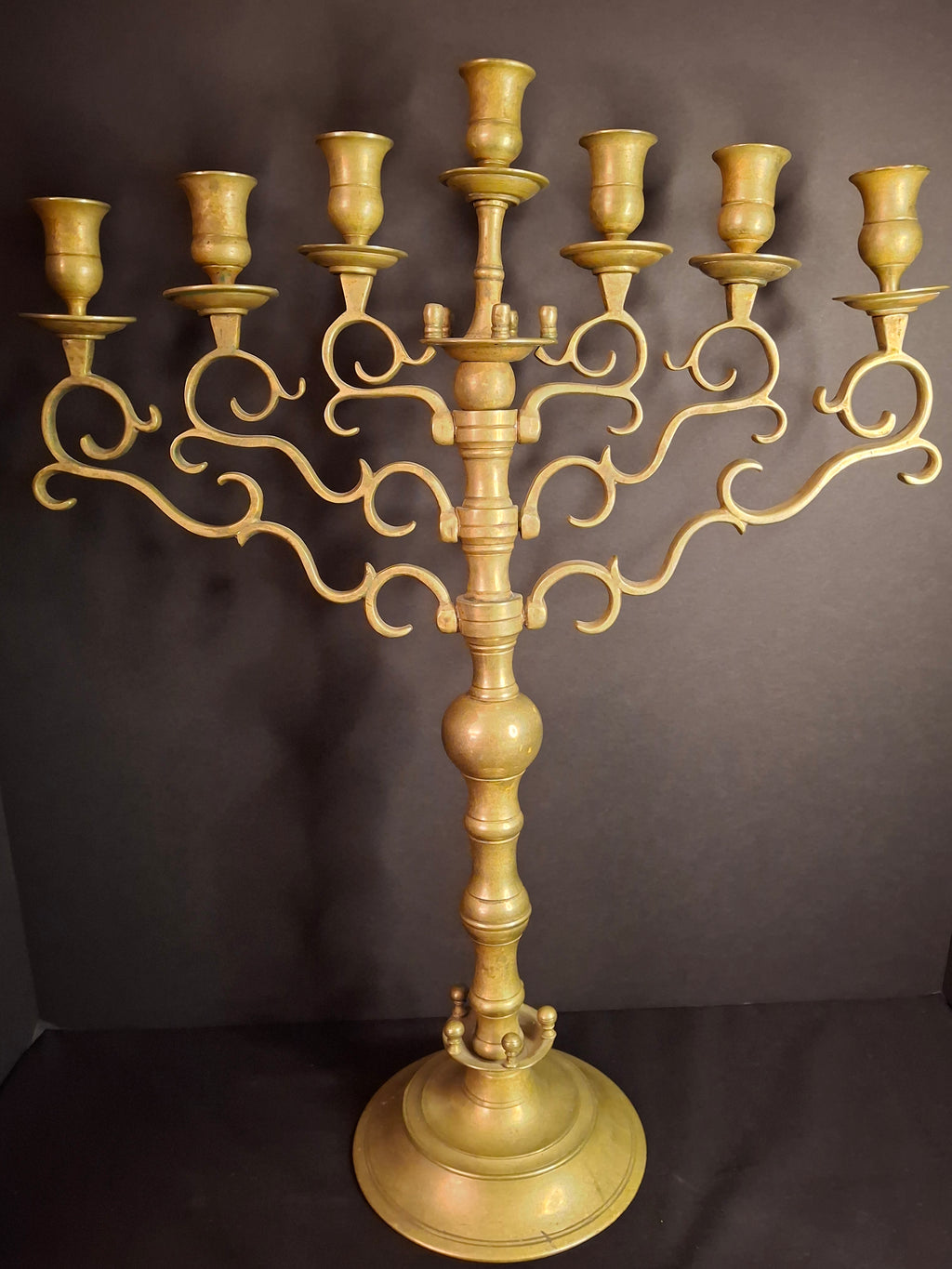 Rare 19th Century Antique Polish Brass 7 Branch Synagogue Menorah with Knops Large 22.7"