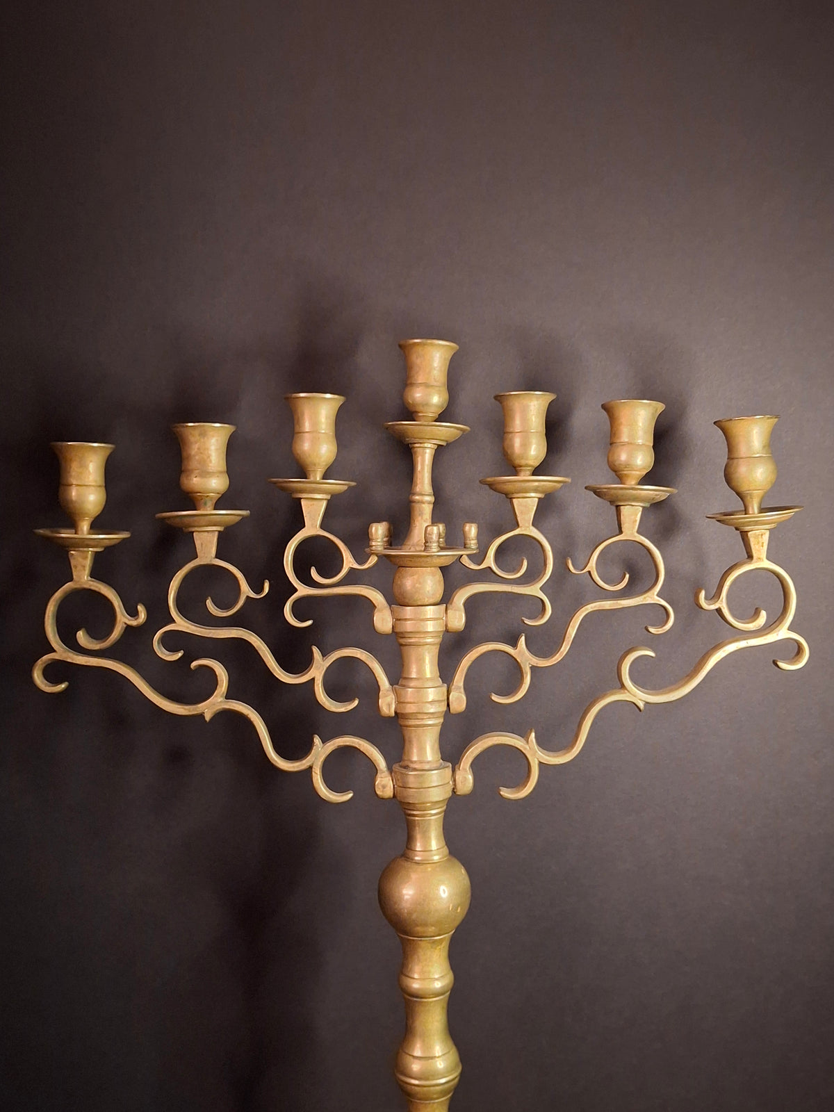 Rare 19th Century Antique Polish Brass 7 Branch Synagogue Menorah with Knops Large 22.7"