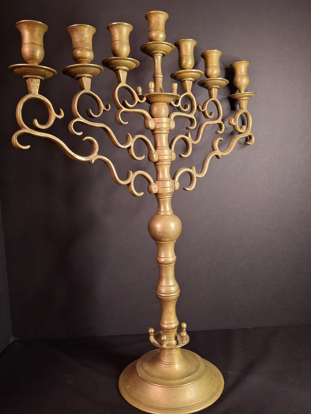 Rare 19th Century Antique Polish Brass 7 Branch Synagogue Menorah with Knops Large 22.7"