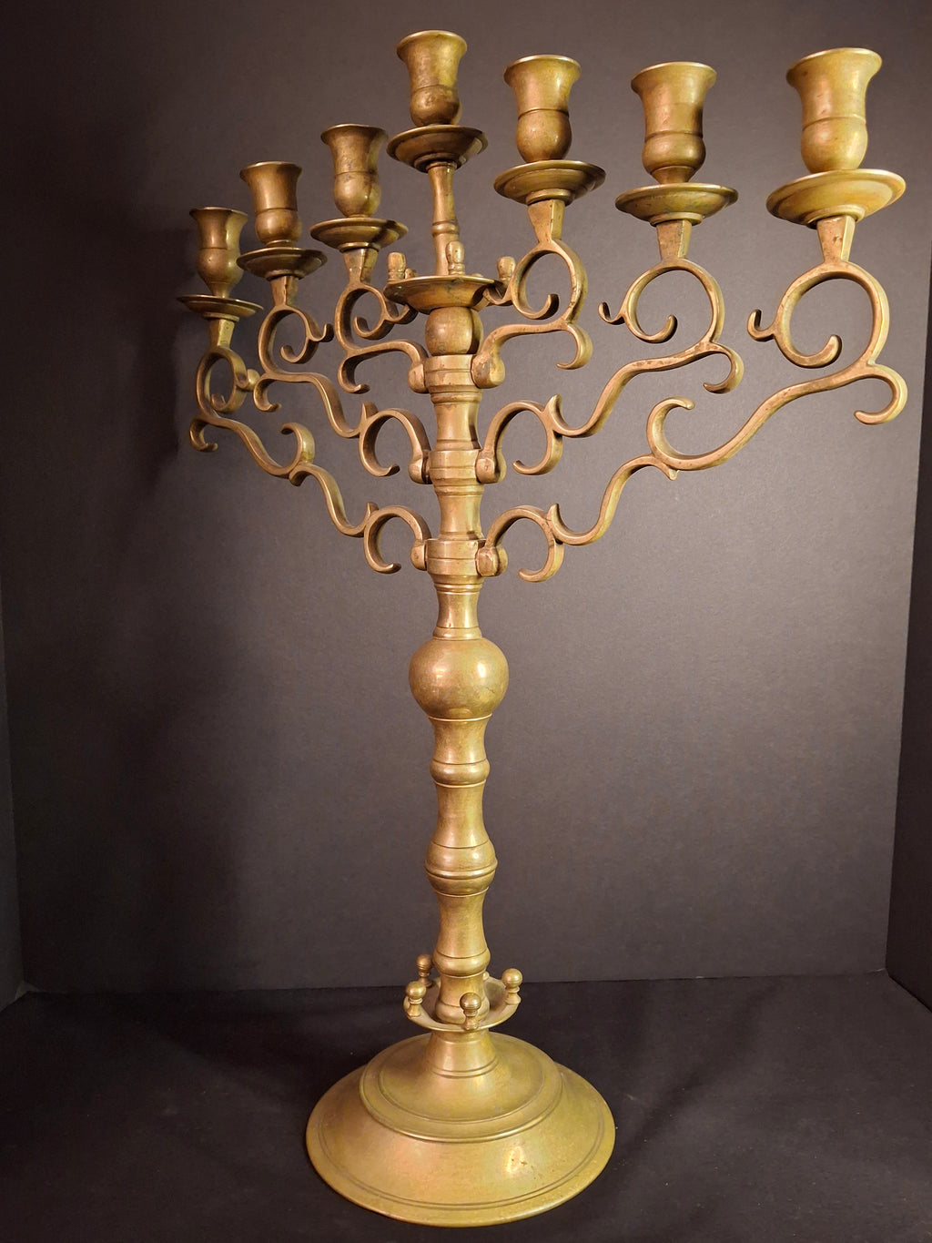 Rare 19th Century Antique Polish Brass 7 Branch Synagogue Menorah with Knops Large 22.7"