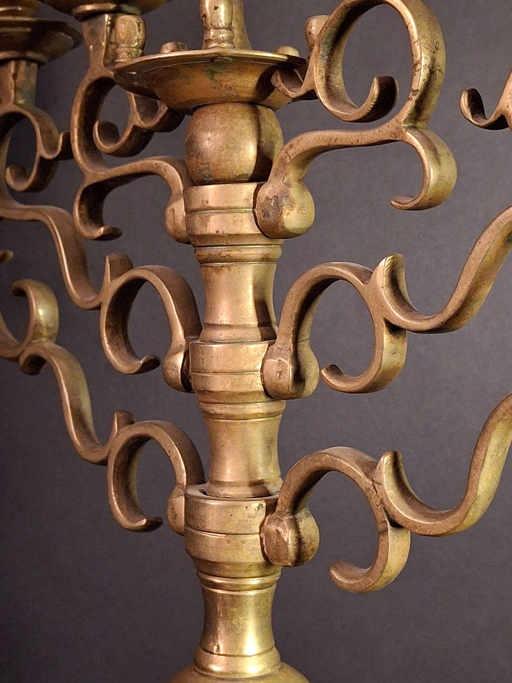 Rare 19th Century Antique Polish Brass 7 Branch Synagogue Menorah with Knops Large 22.7"