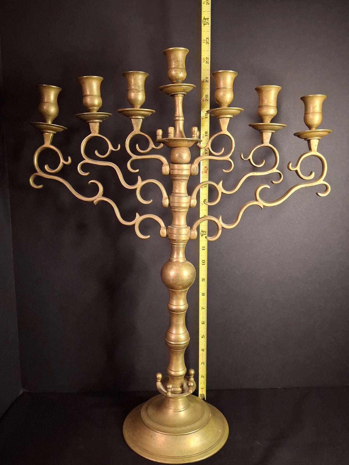 Rare 19th Century Antique Polish Brass 7 Branch Synagogue Menorah with Knops Large 22.7"