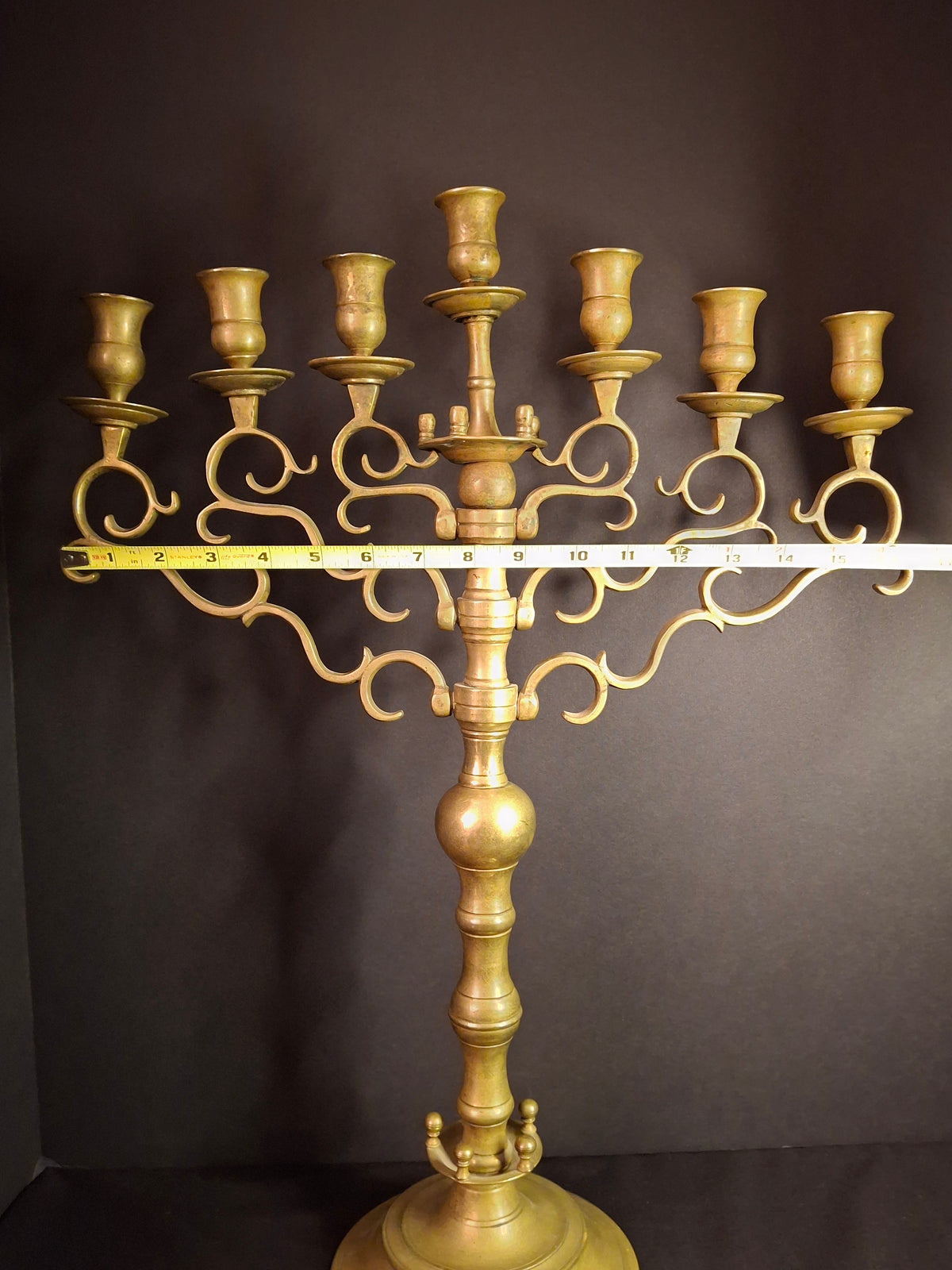 Rare 19th Century Antique Polish Brass 7 Branch Synagogue Menorah with Knops Large 22.7"