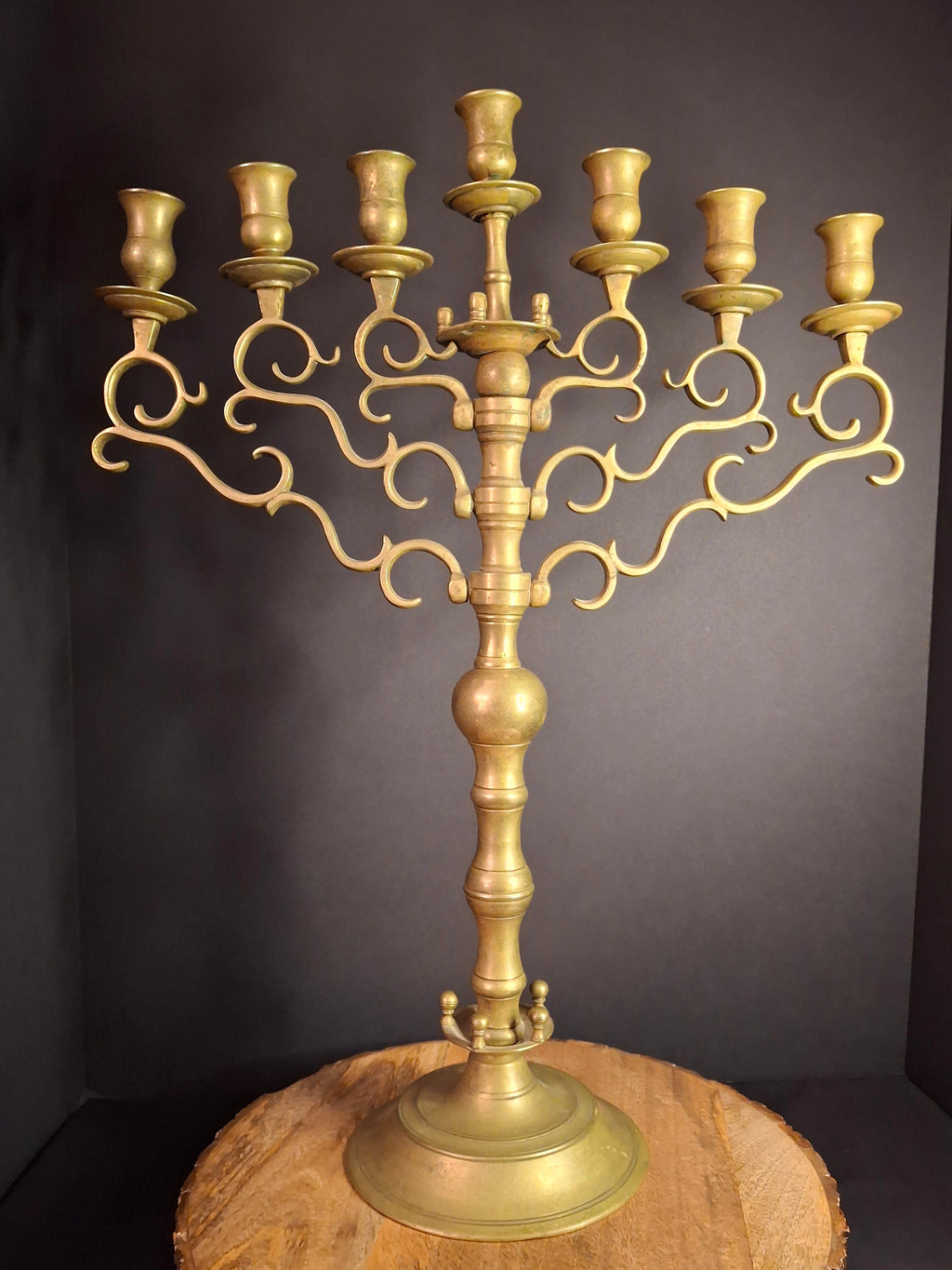 Rare 19th Century Antique Polish Brass 7 Branch Synagogue Menorah with Knops Large 22.7"
