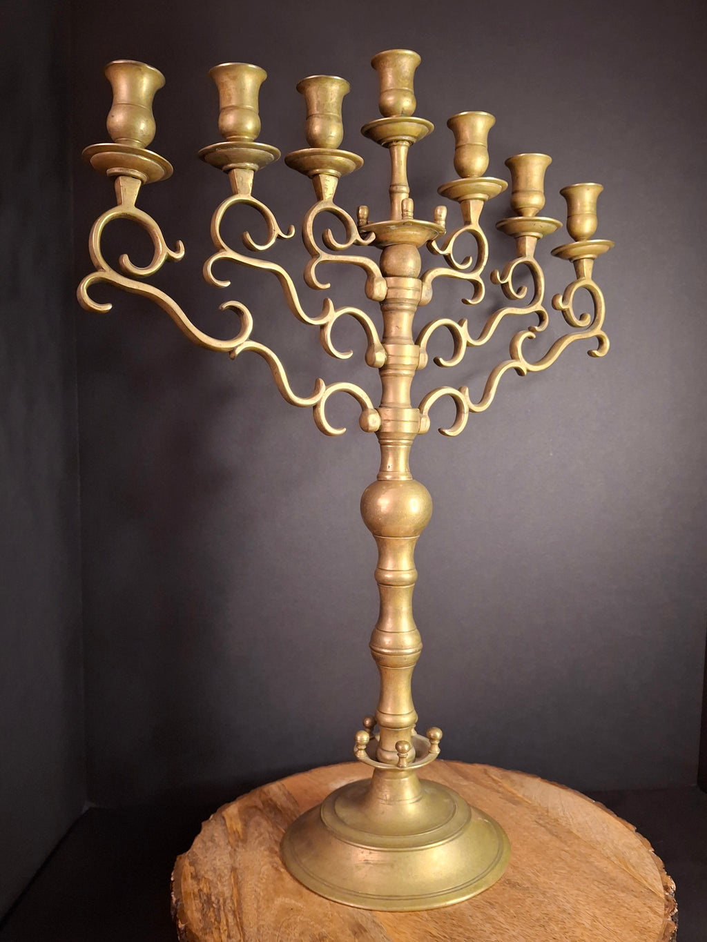 Rare 19th Century Antique Polish Brass 7 Branch Synagogue Menorah with Knops Large 22.7"